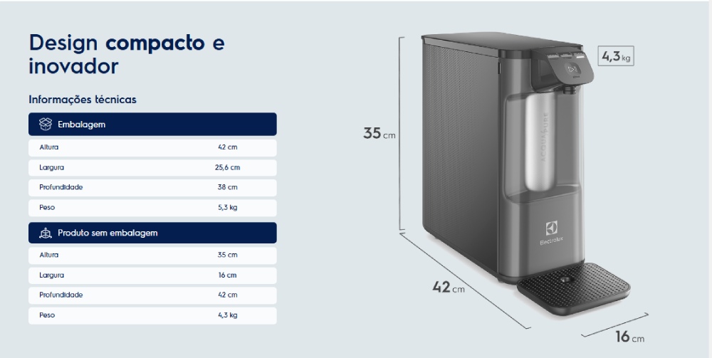 Purificador de água Electrolux com design moderno e compacto, medindo 35 cm de altura, 16 cm de largura e 42 cm de profundidade.