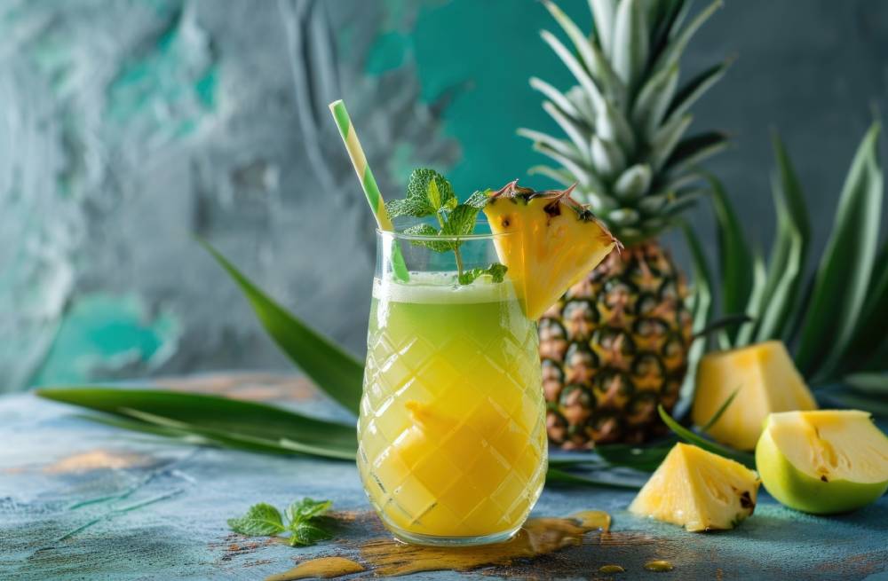 copo de suco de abacaxi e hortelã. Onde se tem um pedaço de abacaxi na borda do copo e folhas de hortelã decorando.