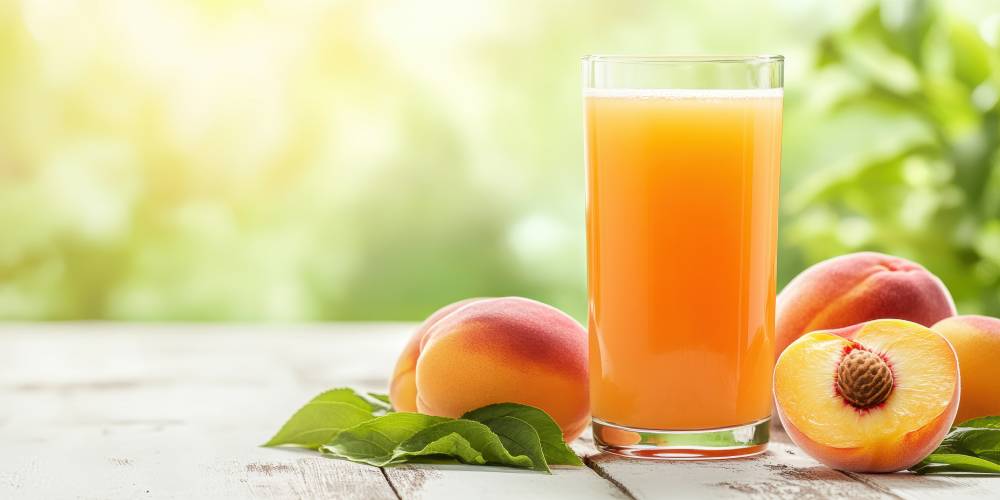 Copo de suco de pêssego natural. Ao redor, quatro pêssegos frescos para decorar sobre uma mesa de madeira, destacando uma opção saudável feita na centrífuga de frutas.