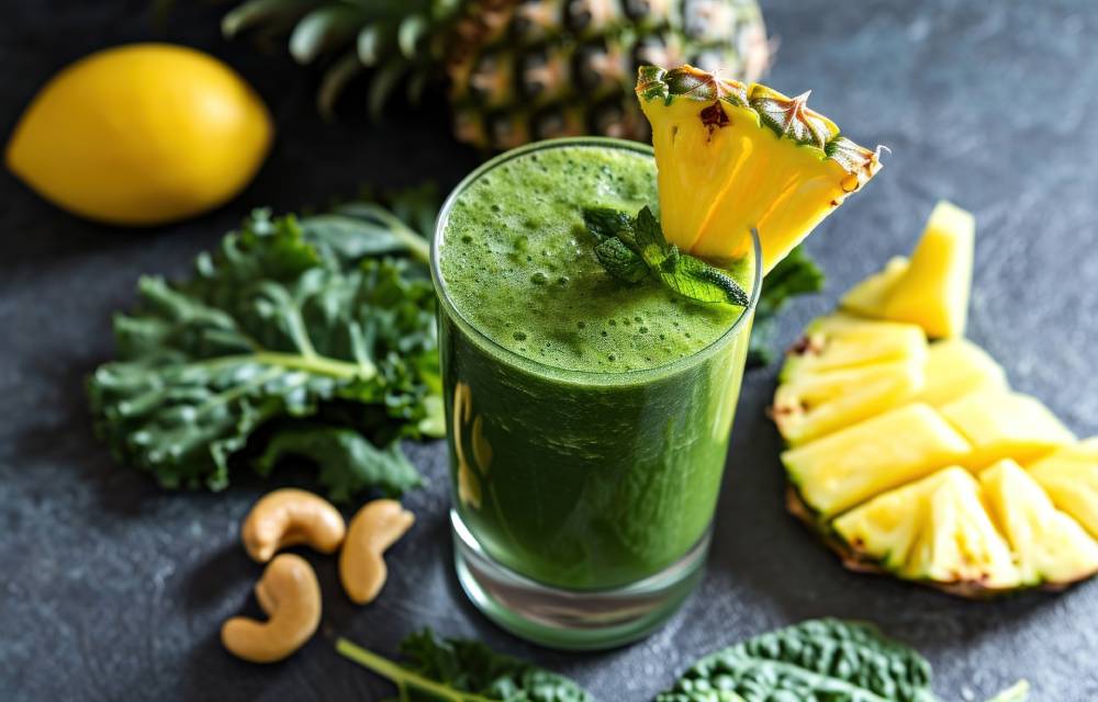 Copo de suco verde feito com couve, abacaxi e gengibre, decorado com uma fatia de abacaxi na borda, preparado na centrífuga de frutas.